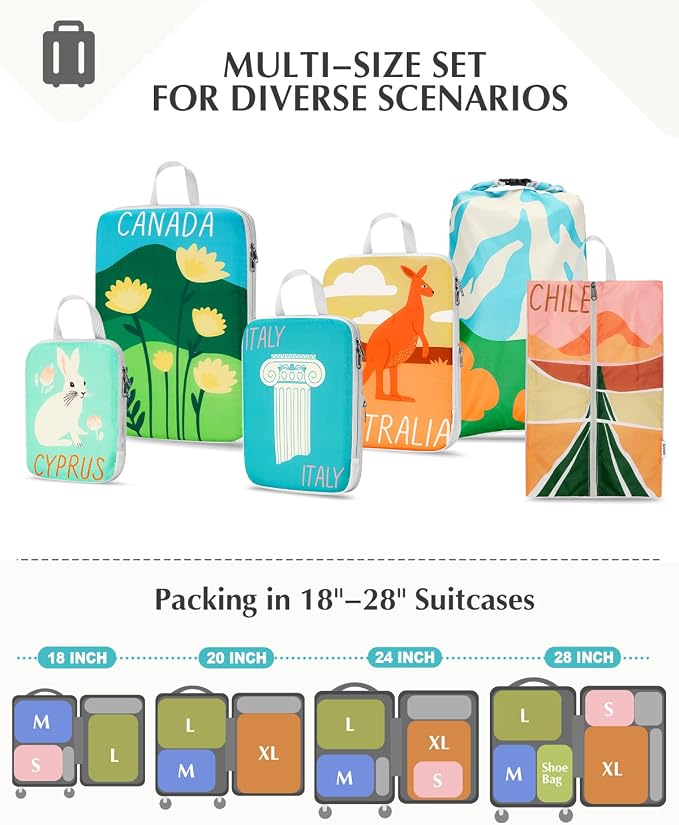 Gonex Compression Packing Cubes, 6pcs Expandable Storage Travel Luggage Bags Organizers with Shoe Bag Laundry Bag, Travel Cubes for Suitcase Carry On (Global Symbols) - Image 5