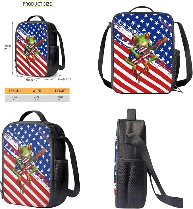 American Flag Frog Guitar Print 3 In 1 Schoolbag Set for School or Travel with Lunch Bag and Pencil Case, Large Lightweight 4th of July Backpack Set for Boys and Girls, School Bookbag Set - Image 6
