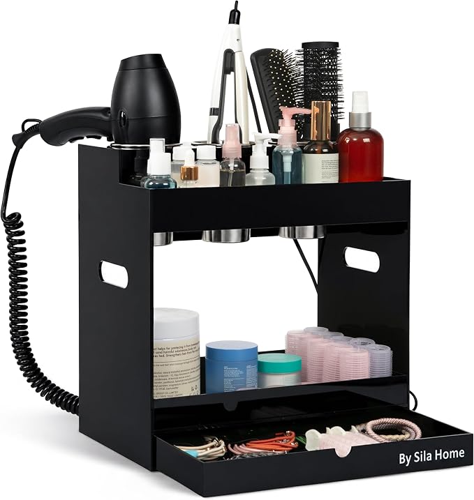 Hair Tool Organizer Countertop Extra Wide Bay | Bathroom & Hot Tools Organizer For Hair | Hairdryer Holder For Bathroom Vanity | Hot Tools Storage for Curling Iron Straightener, 3 Stainless Cups Black by Unknown