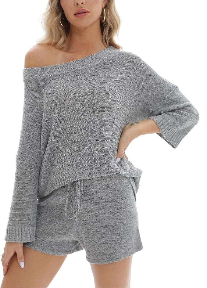 Ermonn Womens 2 Piece Outfits Sweater Sets Off Shoulder Knit Tops Waist Short Suits Casual Pajama Set - Image 2