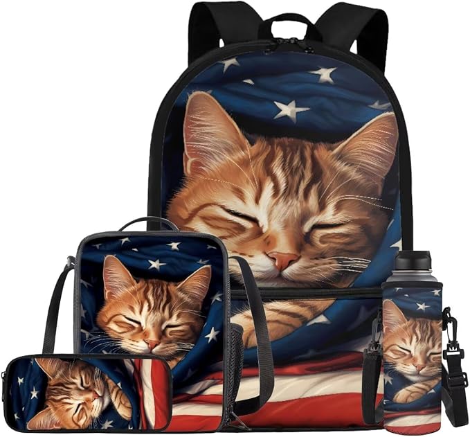 American Flag Cat Backpack for Girls Boys Backpack with Lunch Box Water Bottle Holder and Soft Pencil Pouch 4PCS Set Cute Bookbag with Front Pocket for School 17 inch Large School Bag for Kids by ELEDIZI