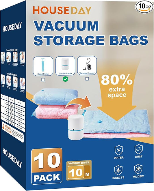 HOUSE DAY 10 Medium Vacuum Seal Bags For Clothing Travel, 80% Space Saving Travel Vacuum Bags with Electric Pump, Vacuum Storage Bags For Clothes, Blankets, Moving, Camping, Toys, Reusable & Durable by HOUSEDAY
