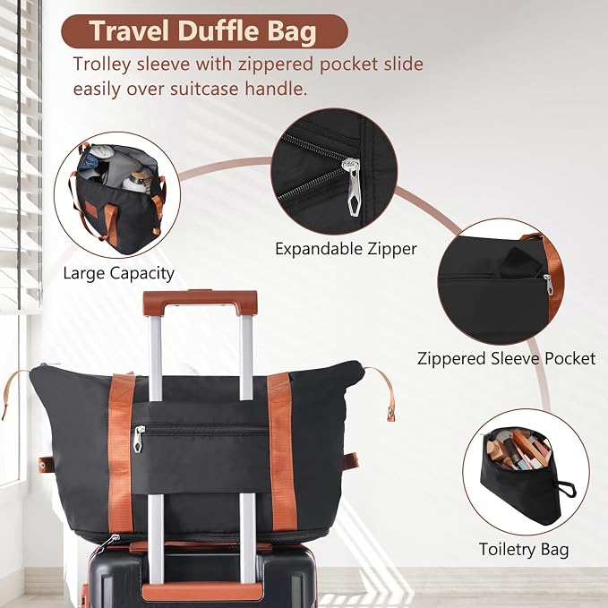 6 Piece Luggage Set Hard Shell - Black Brown Expandable Suitcases with Spinner Wheels and Duffel Bags for Family Travel, Durable Carry On Luggage Sets with Lock for Women and Men - Image 6
