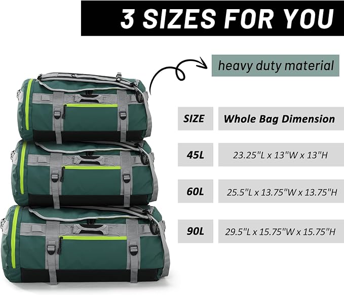 MIER Large Duffle Bag Backpack for Travel Camping Gym Sports, 45L/60L/90L | Water Resistant, Convertible Duffel, Detachable Backpack Straps, Shoe Compartment, Heavy-Duty Tarpaulin, 3 Sizes - Image 4
