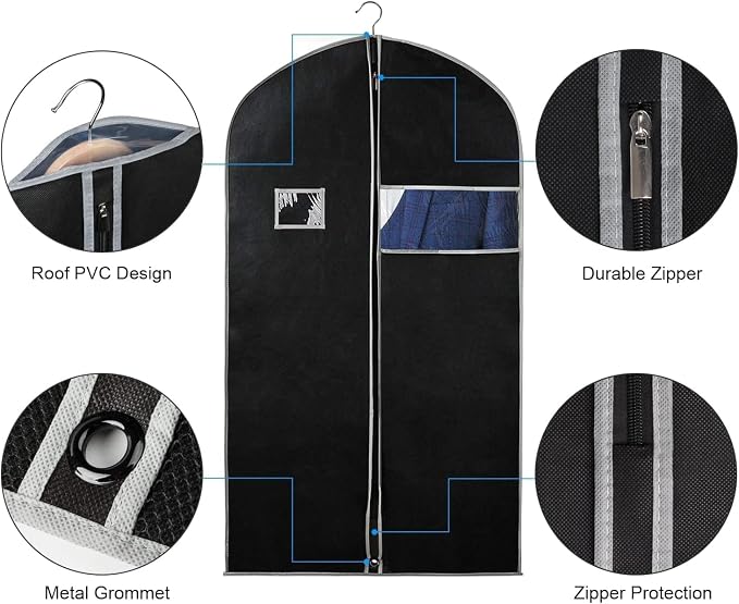 Syeeiex 40"Suit Bag, Set of 16 Garment Bags for Hanging Clothes, Suit Covers Bags for Men or Women, Garment Bags for Storage Suits, Shirts,T-shirts and Jackets on Closet(Black/Grey) - Image 4