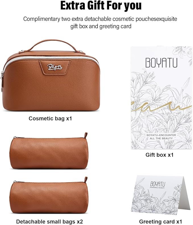 BOYATU Travel Makeup Bag Cosmetic Bags for Women: Large Capacity 3 Pcs Set Make up Bag with Compartments - Waterproof Vegan Leather Toiletry Organizer Bags with Handle (L25Brown) - Image 6