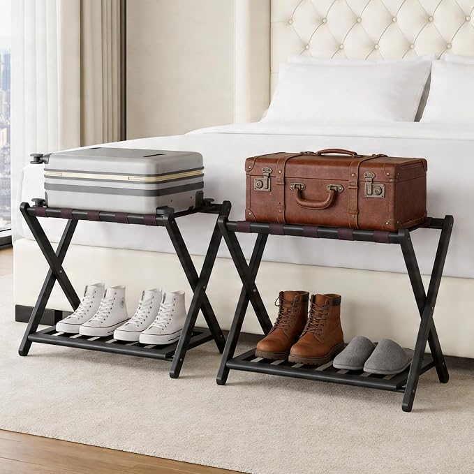 26.77"L Luggage Rack for Guest Room - 1 Pack Full Assembled Luggage Rack Stand for Suitcases, Foldable Luggage Holders with Shoe Shelf, 5 Nylon Straps for Bedroom, Hotel (Black Bamboo Suitcase Stands) - Image 6