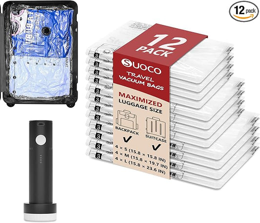 Travel Vacuum Bags for Clothing with Rechargeable Electric Pump, Compression Packing Cubes Organizer Storage for Luggage Suitcase, Space Saver Seal Bags for Vacation Cruise, 12 Combo by SUOCO