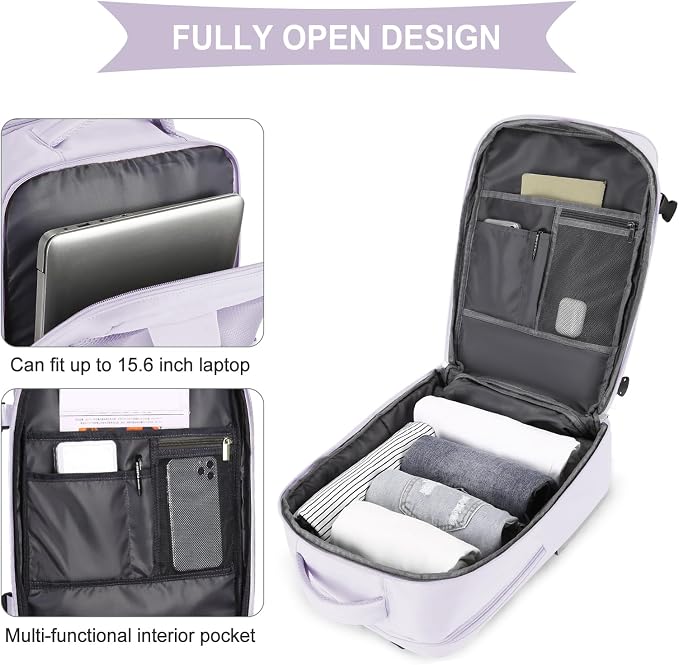 coowoz Large Travel Backpack For Women Men,Carry On Flight Approved,Hiking Waterproof Outdoor Sports Rucksack Casual Daypack Fit 15.6 Inch Laptop Shoes Compartment (Purple) - Image 5