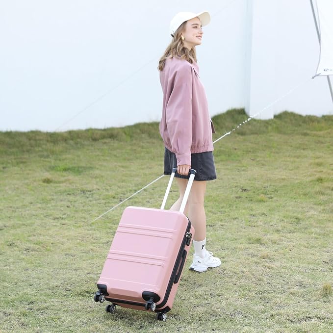 Kono Suitcase Set 2 Piece Carry On with Tote Bag | Lightweight PC+ABS Hardside Luggage with TSA Lock Spinner Wheels Nude/Rose Pink - Image 9