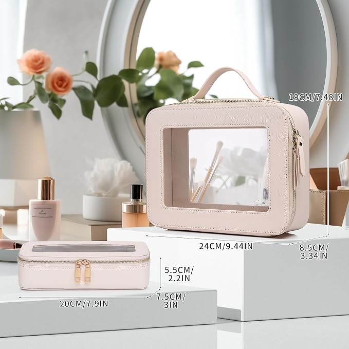 Pinkmik Clear Makeup Bag with Brush Bag 2pcs Waterproof Travel Case for Cosmetics and Toiletries Women's Cosmetic Organizer with Zipper (Beige, L+SLIM) - Image 3