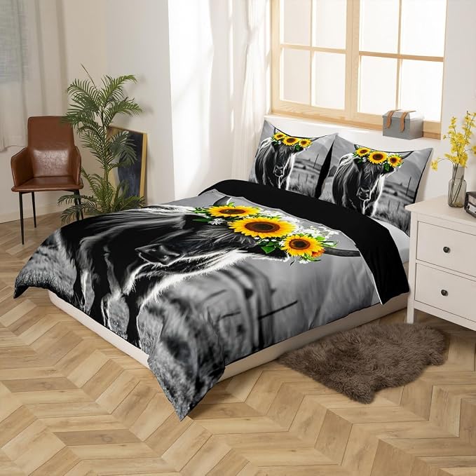 Highland Cow Bedding Set Queen Size for Adult Women Sunflower Cow Print Comforter Cover Farmhouse Wild Animal Cows with Gray Fur Duvet Cover Decor 3 Pcs Bedding ,1 Duvet Cover + 2 Pillowcases - Image 5