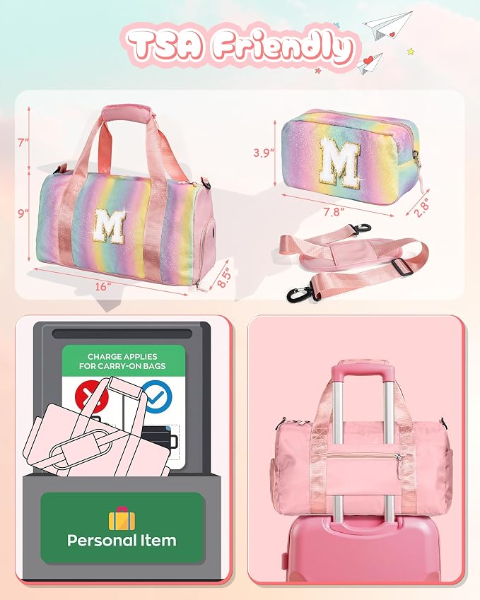 Preppy Gifts-Girl Gym Bag with Shoe Compartment, Kid Personalized Weekender Overnight Bags, Initial Travel Tote with Makeup Pouch, Gift for 3 4 5 6 7 8 9 10 11 12 Year Old Girls (Letter S) - Image 3
