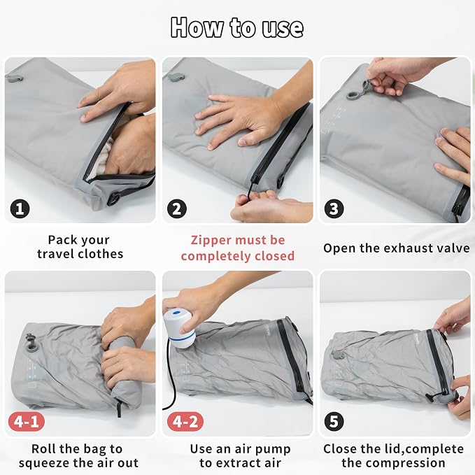 5 Set Vacuum Bags for Travel, Professional IPX8 Reusable Organizer, Compression Packing cube for Suitcases, Durable Seal Space Saver Bags -Traveling Essentials (Grey with Pump) - Image 9
