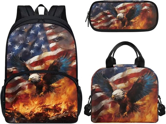 3 Pack School Bag for Boys American Flag Fire Eagle Print Backpack Bookbag with Lunch Box Pencil Case Elementary/Primary/Middle Kids Backpack Daypack Satchel Set by Wideasale