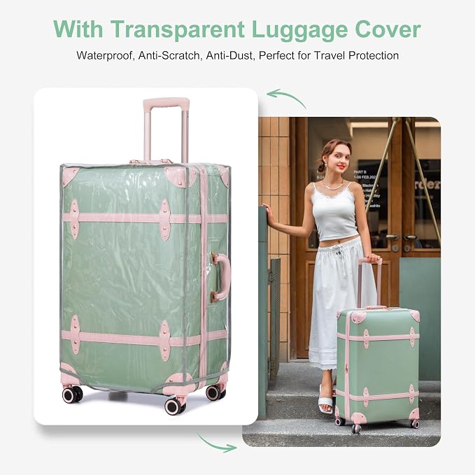 NZBZ Vintage Luggage Sets for Women Retro Suitcase Cute Vintage Expandable Luggage of 3 (Green with Pink, 20inch & 24inch & 28inch) - Image 9
