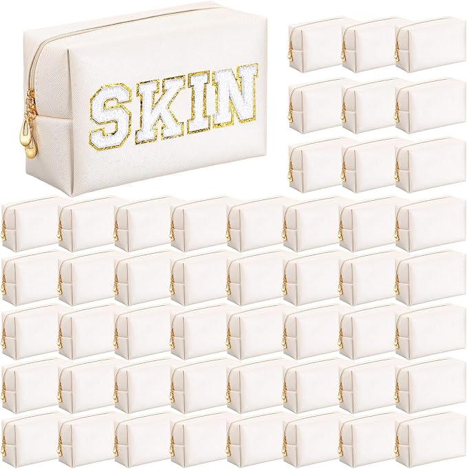 50 Pcs Makeup Bag Bulk PU Leather DIY Cosmetic Plain Preppy Makeup Pouch Portable Waterproof Toiletry Bags for Women Travel Pencil Case Cosmetic Organizer (Ivory White) by Cunno