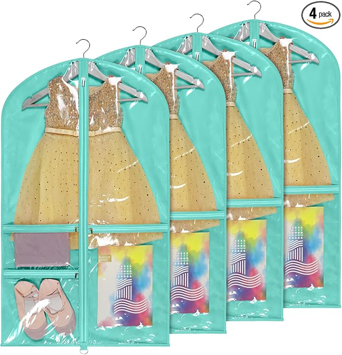 Univivi Dance Costume Bags Garment Bag 40 Inch Hanging Clothes for Dance Competitions, with 3 Medium Clear Zipper Pockets for Dance Costumes, Closet Storage (Green) - 4 Pack by Univivi