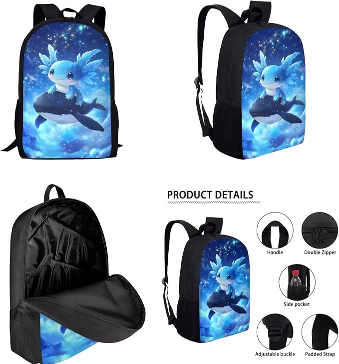 Galaxy Axolotl Backpack with Lunch Box for Girls 6-8/8-10 Killer Whale Bookbag 4 in 1 Elementary School Back Pack Toddler Kids Preschool Book Bags Lunch Bag Pencil Case Water Bottle Holder - Image 2
