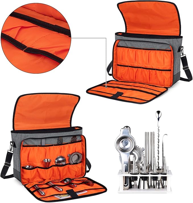 CURMIO Bartender Bag, Travel Bag for Bar Tools Set, Bartender Kits Storage with Padded Compartments for Wine Bottles, for Home Indoor Outdoor Patio Party, Gray (Bag ONLY) - Image 2