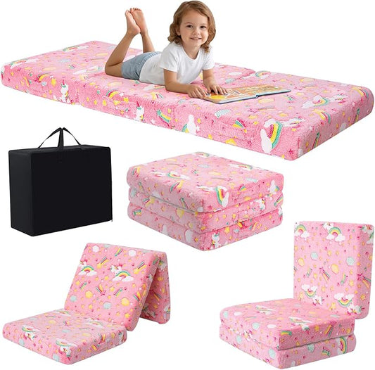 MeMoreCool Glow Unicorn Kids Foldable Floor Mattress, 57x22 Inch Pink | Glow pink unicorn trifold mattress for girls room, playroom, reading nook by MeMoreCool