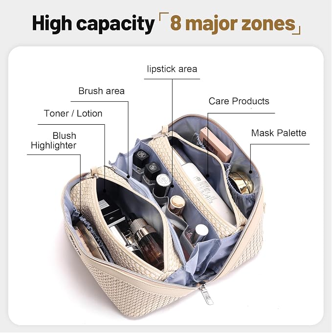 BOYATU Travel Makeup Bags for Women: Large Capacity Make up Bag with Wide Opening - 3 Pcs Set Waterproof Travel Toiletry Organizer for Full-Sized Bottles, Cosmetics & Brushes (Apricot-W) - Image 3
