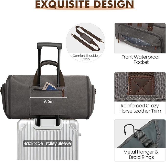 S-ZONE Carry On Garment Bag for Travel Convertible Garment Duffle Bag Suit Bags for Men Women Travel 2 in 1 Hanging Suitcase Business Travel Bag with Toiletry Bag, Gery, 50l | 2-in-1 Hanging Suitcase, with Toiletry Bag, Wet/Dry Pockets, Shoe Compartmen... - Image 4