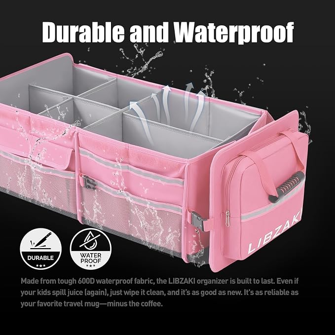 LIBZAKI Oversize 4 in 1 Car Trunk Storage Organizer, Multi Compartment Collapsible Trunk Storage Box with Cooler Bag for Car Truck SUV-Pink - Image 2