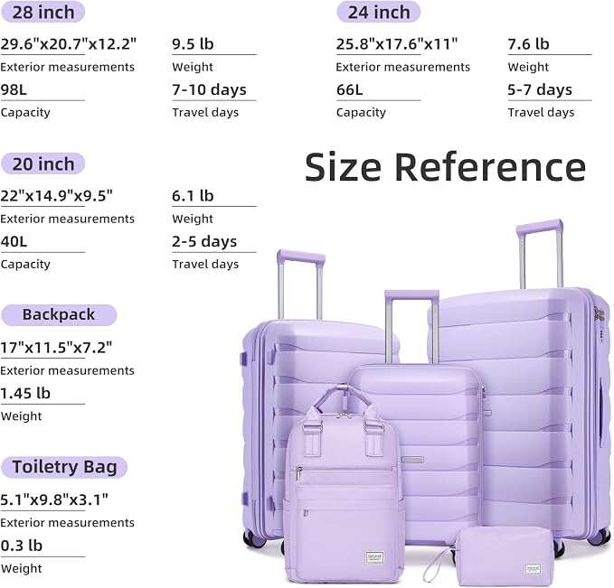Luggage Sets 5 Piece, Large Suitcase Set with Spinner Wheels, Carry on Luggage Set with Backpack for women (3 piece set,Lavender) - Image 6