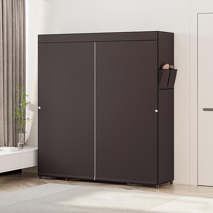 SORCEDAS Portable Closet Wardrobe Organizer Storage with Cover Non-Woben Fabric Portable Wardrobe Closet for Hanging Clothes Racks Shelving 33 Inch for Bedroom, Blue (Coffee, 59Inch) - Image 5