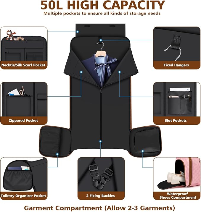 Convertible Garment Bags for Travel - Carry on Garment Duffle Bag with Backpack Straps for Men Women, 4 in 1 Large Travel Duffel Bags with Shoes Compartment Hanging Suit Dress Weekender Bag 3pcs Set - Image 3