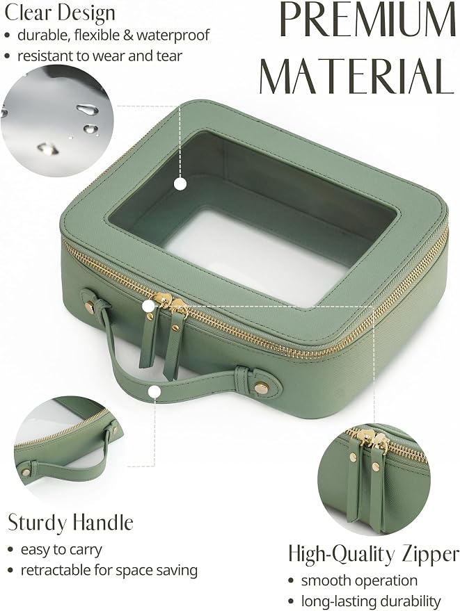 Popvibe Clear Makeup Bag Travel Cosmetic Case Transparent Toiletry Bag with Zipper, Portable Make Up Organizer Traveling Compact Car Bag for Essentials, Sage Green, Large - Image 2