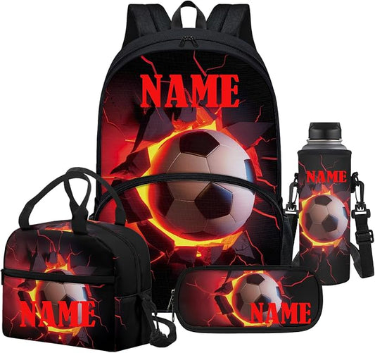 Custom Personalize Boys Backpack Football Backpack Fire Football Bookbag with Insulated Lunch Box Pencil Case Water Bottle Holder Bag 4 Pack Preschool Bookbag with Kids Name by FUIBENG