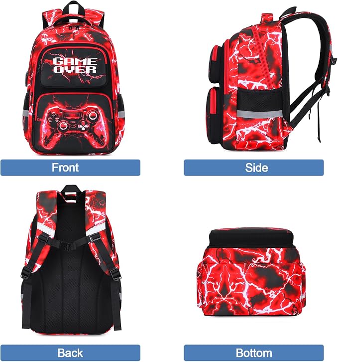 Bevalsa Backpack for Boys, School Bags for Kids, Bookbag for Boys Children Teens Backpacks for Elementary Middle High School Student, Bookbag and Lunch Bag Set with USB Charging Port (Red Lightning) - Image 7