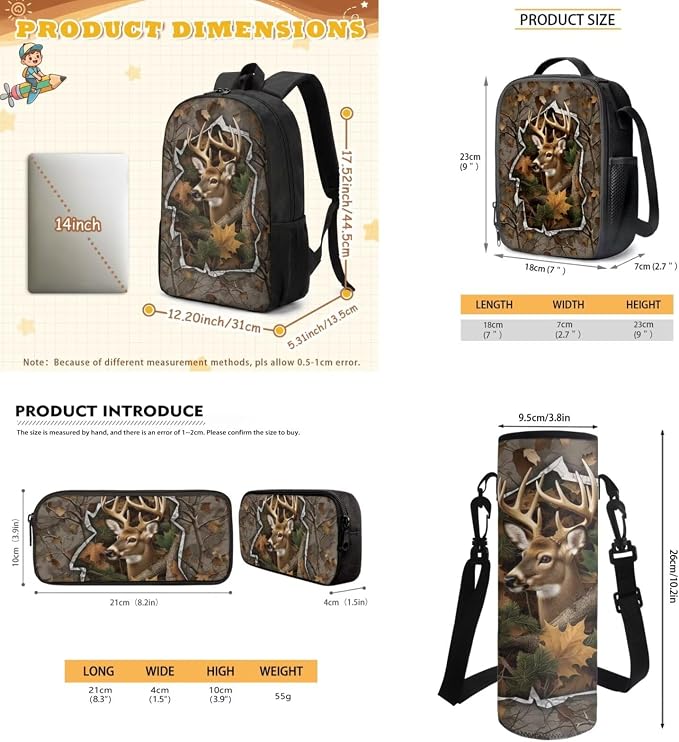 GIFTPUZZ 4 Piece Camo Deer American Flag Backpack Set for Kids | Patriotic Bookbag with Lunch Box for Boys Elementary School, Zip up Pencil Case, Water Bottle Sleeve, Summer Camp, Ages 6-8 - Image 6
