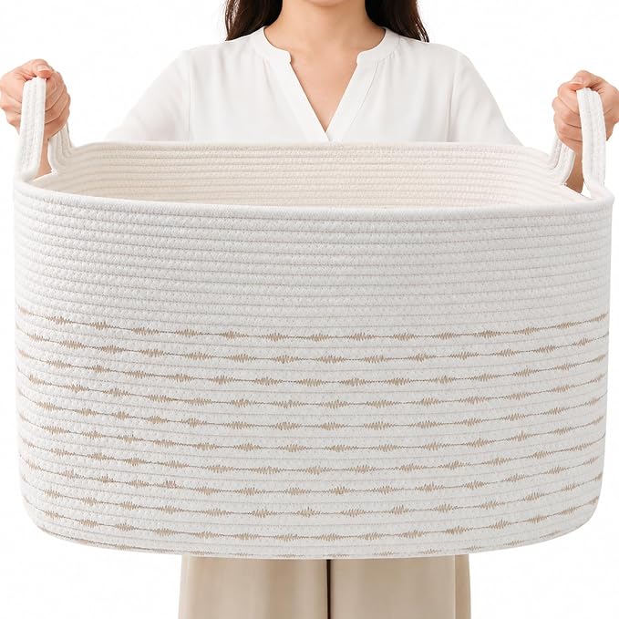 96L Extra Large Cotton Rope Laundry Basket with Sturdy Handles | 24x16x15 Foldable Rectangular Blanket Basket for Toys, Clothes & Pillows,Ideal for Nursery, Bathroom, Bedroom, Living Room by HZFTJOY