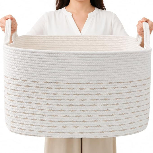 96L Extra Large Cotton Rope Laundry Basket with Sturdy Handles | 24x16x15 Foldable Rectangular Blanket Basket for Toys, Clothes & Pillows,Ideal for Nursery, Bathroom, Bedroom, Living Room by HZFTJOY