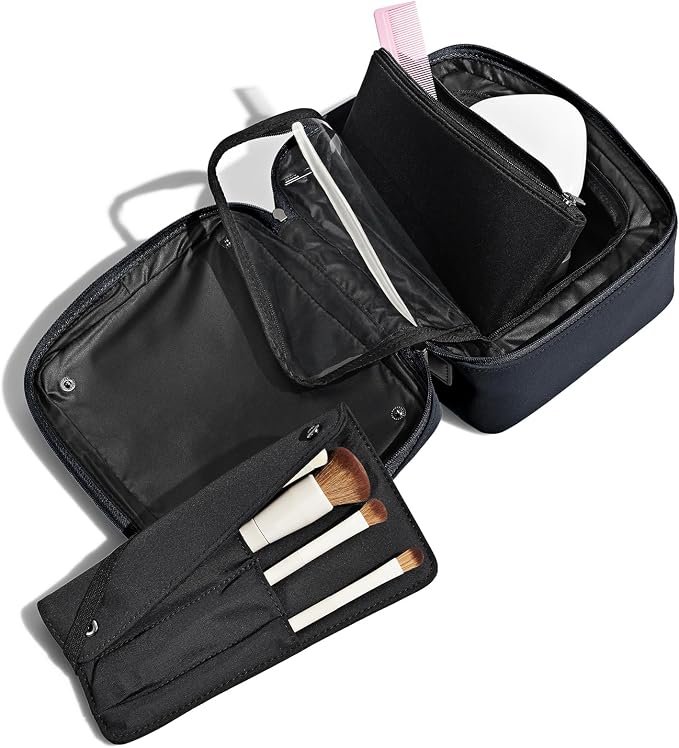 Away The Cosmetics Bag - Water-Repellent Cosmetic Travel Bag with Detachable Brush Organizer, Spill-Proof Bottom Compartment, Transparent Pockets - Navy Blue - Image 5