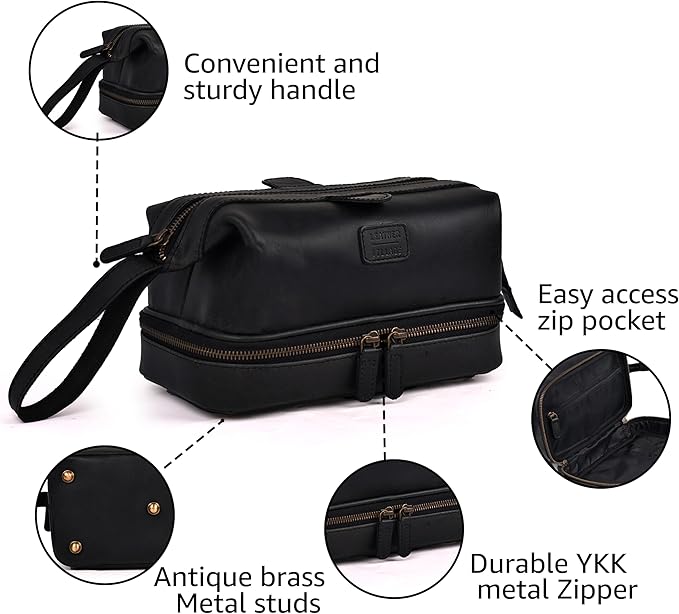 LEATHER VILLAGE Genuine Leather Dopp Kit – Large Travel Toiletry Bag with Waterproof Lining, Dual-Zip Design for Men & Women, Organizer for Shaving, Makeup & Essentials - Black - Image 3