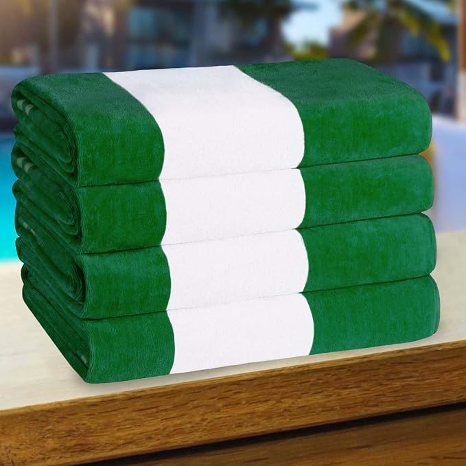 Superior Cotton Striped Beach Towels, Colorful Towels for Adult, Kid, Pool, Swimming, Sand, Travel, Large Oversized, Absorbent, Fast Drying, Bath Basics, Cabana Collection, Set of 4, Dark Green by SUPERIOR