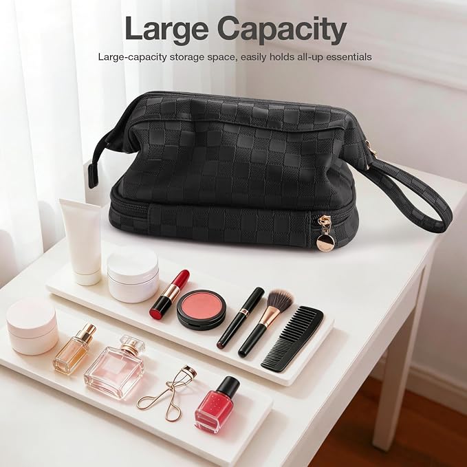 Abiudeng Large Capacity Makeup Bag Ladies Cosmetic Bag Travel Bag with Compartments Portable PU Leather Travel Makeup Bag with Handle - Image 4