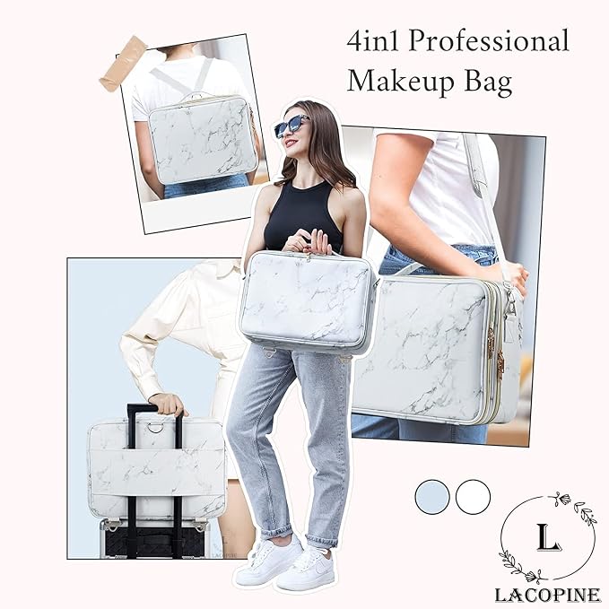 Large Makeup Organizer Bag Travel Train Case Portable Cosmetic Artist Storage Bag with Adjustable Dividers for Cosmetics Makeup Brushes, MARBLE PATTERN, 18 INCH (2 LAYER), Travel Accessories - Image 7