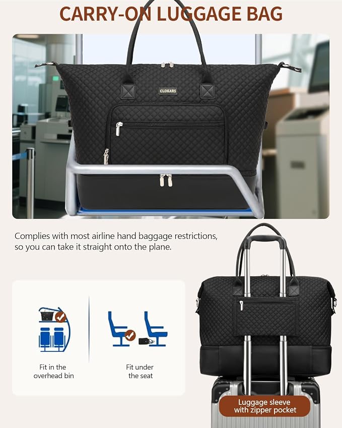 Weekender Bags for Women, Travel Duffle Bag Carry On Overnight Bag with Cosmetics Bag and Crossbody Purse for Gym Hospital, Gifts for Women, Black - Image 7