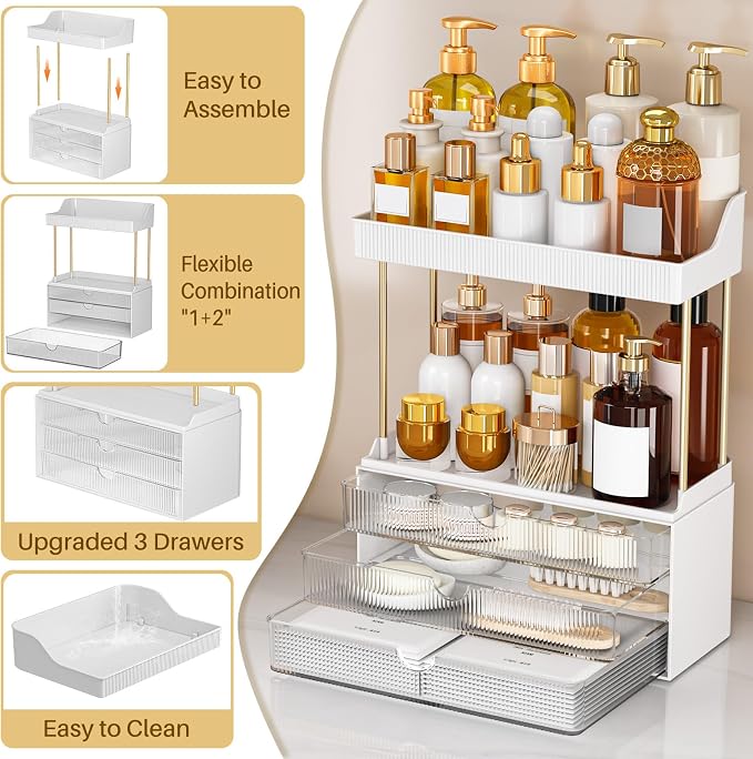 caktraie 12.2" W Makeup Organizer Drawers - 5 Tiers Bathroom Counter Organizer, Cosmetic Storage Drawer for Dresser Countertop and Bathroom Vanity for Large Skincare, Perfume, Clear - Image 3