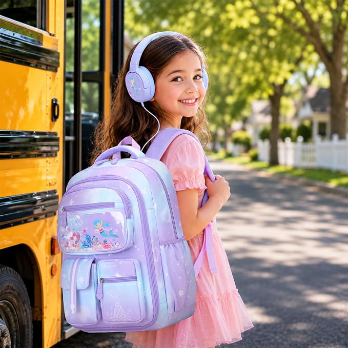 ACESAK Kids Backpack for Girls, Mermaid Backpack Set with Over-ear headphones, Lunch Bag Set for School, Girls Backpack for Elementary Middle school Teen Student(Purple) - Image 4