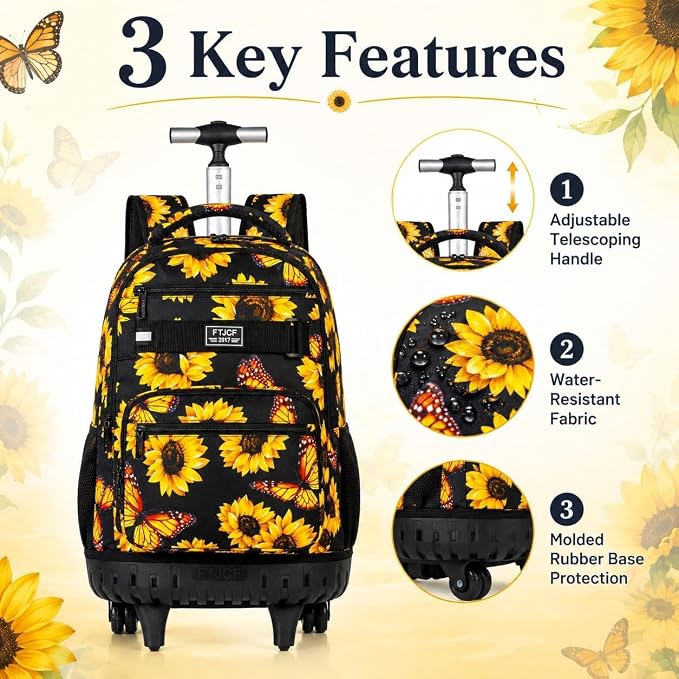 3Pcs Rolling Backpack for Girls, 19 Women Inche Roller Bag with Wheels, Sunflower Wheeled Bookbag Set for Adults(Yellow) - Image 5