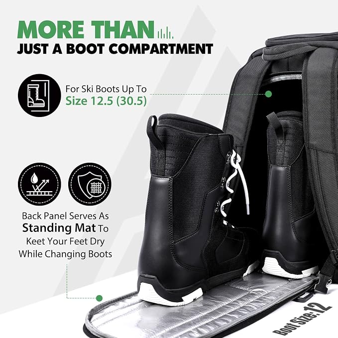 Hikenture Ski Boot Bag Backpack, 50L Padded Ski Bag & Snowboard Boot Bag with Drain Holes, Large Capacity Water-Resistant Ski Travel Bag for Ski Boots, Helmet, Goggles, Clothes, Gloves, Snowboard Gear - Image 3