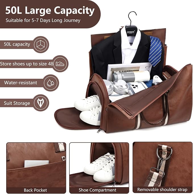 Leather Garment Bags for Travel, Convertible Carry on Garment Duffel Bag for Men, 2 in 1 Waterproof Foldable Travel Suit Bag with Shoulder Strap Weekender Bag with Shoe Pouch - Image 3