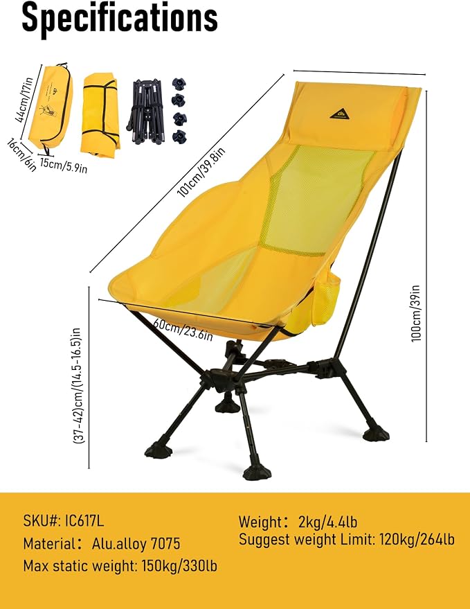 iClimb Ultralight Compact Camping Folding Beach Chair with Anti-Sinking Large Feet (Yellow - Triangular Frame High Back) - Image 3