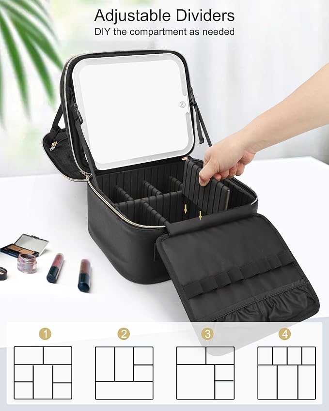 Chomeiu Makeup Bag with LED Mirror, 2 Layer Travel Makeup Case for Women and Makeup Artists Cosmetic Organizer Large Make Up Bags, 3 Color Lights, Adjustable Dividers and Brush Holder - Image 3